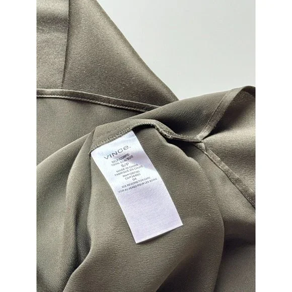 VINCE Olive Green Silk Charmeuse Split Neck Relaxed Tunic Blouse, Size S - Picture 13 of 15